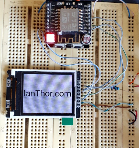 GM328 display wired to ESP8266 on a breadboard