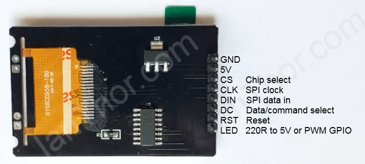 Back of GM328 display module with pin labels
